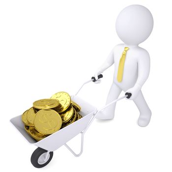 3d white man carries a wheelbarrow of gold coins. Isolated render on a white background
