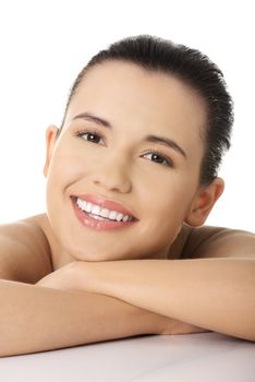 Portrait of a beautiful female model on white background