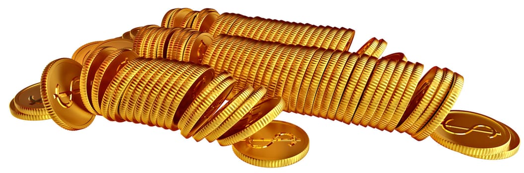 Stacks of golden dollar coins on white background