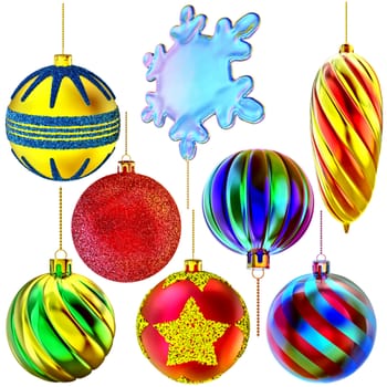set of Christmas-tree balls with ornaments and snowflake on white background