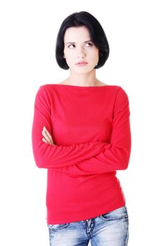 Portrait of a working woman thinking and looking up