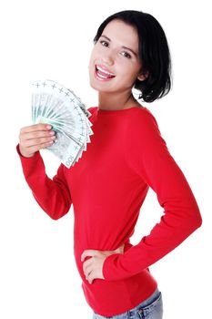 Cheerful young lady holding cash - polish zloty ( pln )