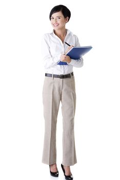 Portrait of happy smiling businesswoman with notepad or organizer, isolated on white background