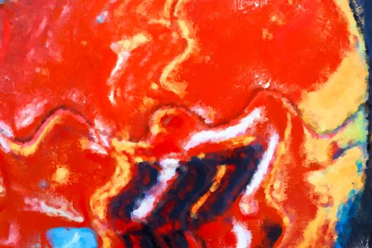 An abstract digital painting with striking red, whites and blues