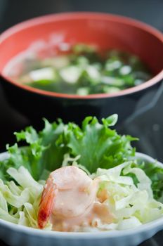 close up shrimp salad with  white cream sauce