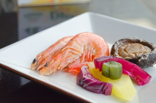mix  pickled vegetable , mushroom and  boiled shrimps on dish