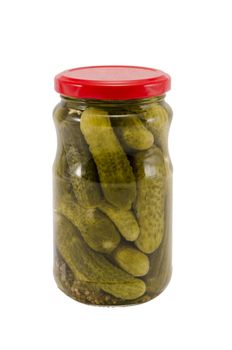 ecological cucumbers preserved in glass pots jars isolated on white background natural healthy food resource for winter