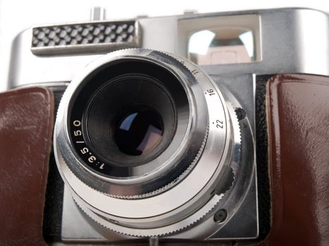 vintage camera with leather box isolated on white background