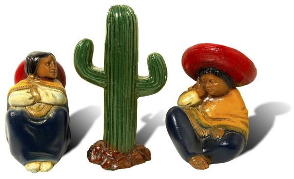 Men, women and cactus, three mexican statuettes - mexico siesta time