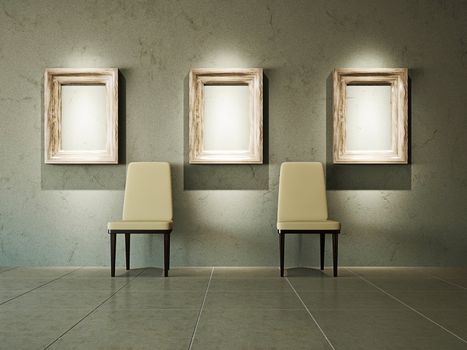 Old gallery with chairs near the wall