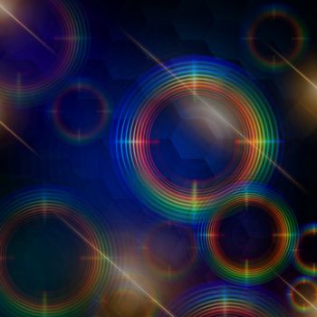 abstract rainbow rings shining over dark blue background with hexagons and lights