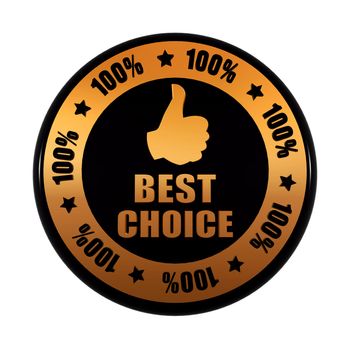 best choice 100 percentages and thumb up sign - text and symbol in 3d golden black circle label with stars, business concept