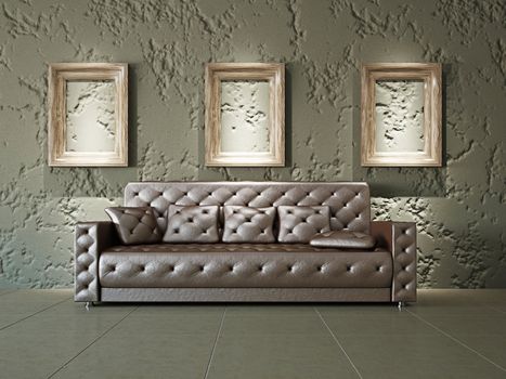Old gallery with sofa near the wall