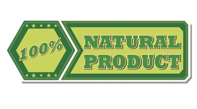 100 percentages natural product - retro style green hexagon and flyer label with text and stars, business eco bio concept