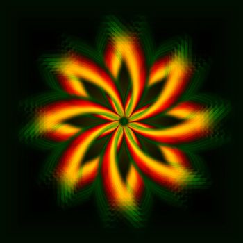 abstract shining yellow flower, rainbow rays lights in circles over dark background