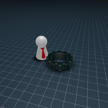 gear wheel and token character with tie - 3d illustration