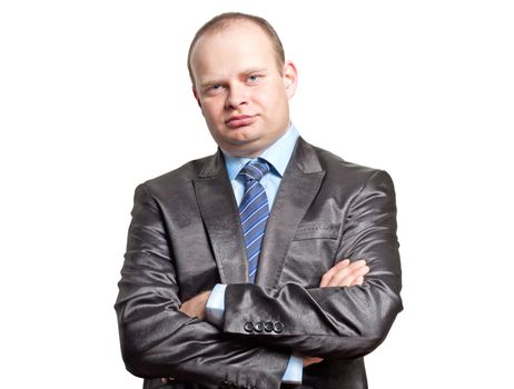 Portrait of a businessman in a black suit isolated on white background