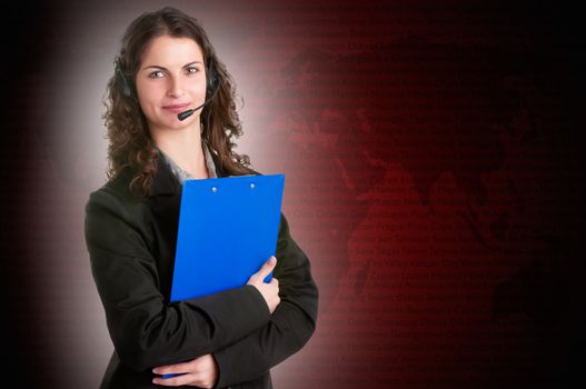 Corporate woman talking over her headset, with a world map in the background