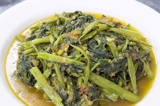 Spicy Kangkong Vegetables Stir Fry with Dried Shrimp and Sambal Chili Paste Closeup Macro