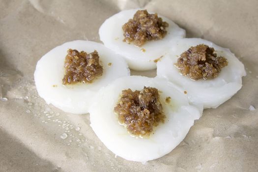 Singapore Chwee Kueh Steamed Water Rice Cake with Preserved Turnip Closeup