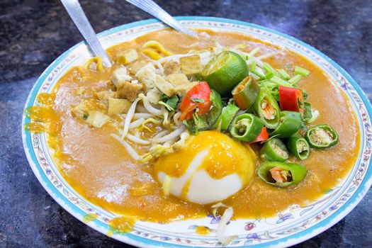 Malay Mee Rebus Noodle Dish Garnished with Cut Chili Peppers Tofu Chinese Celery and Hard Boiled Egg