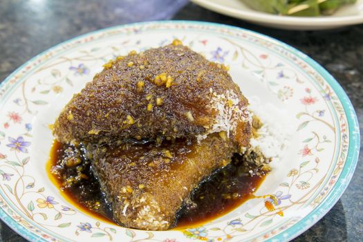 Malay Kueh Lopes with Gula Melaka Sugar Syrup and Grated Coconut Dessert