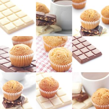 collage of bar of chocolate,tea and muffin 