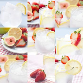collage of cocktail with ice,lemon, fig and strawberries on a plate