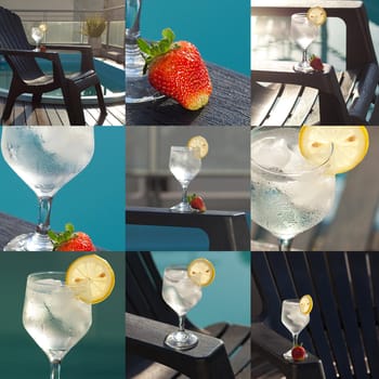 collage of swimming pool, lounge, a wine glass with ice, lemon and strawberry