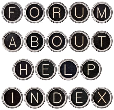 Forum, About, Help and Index banners formed from vintage typewriter keys. Isolated on white and includes clipping path. Each key photographed separately for best focus.
