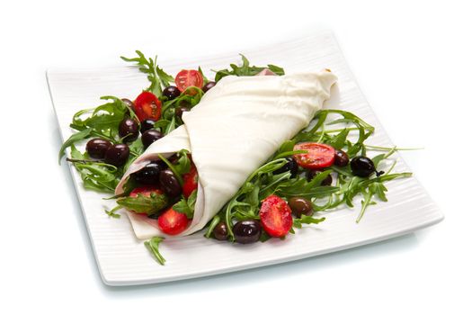 mozzarella roll with tomatoes,olives and salad