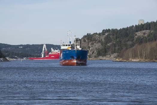 The vessel Bal Bulk arriving at the port of Halden, Norway. The picture is shot one day in March 2013.