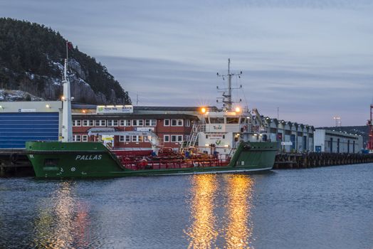 Pallas is fully loaded and lies deep in the water moored to the quay at the port of Halden, Norway. The picture is shot one early morning in March 2013.