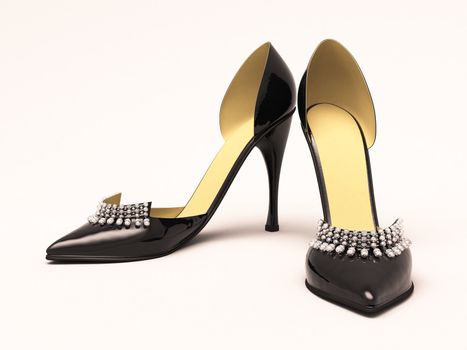 Women's black shoes closeup on a light background