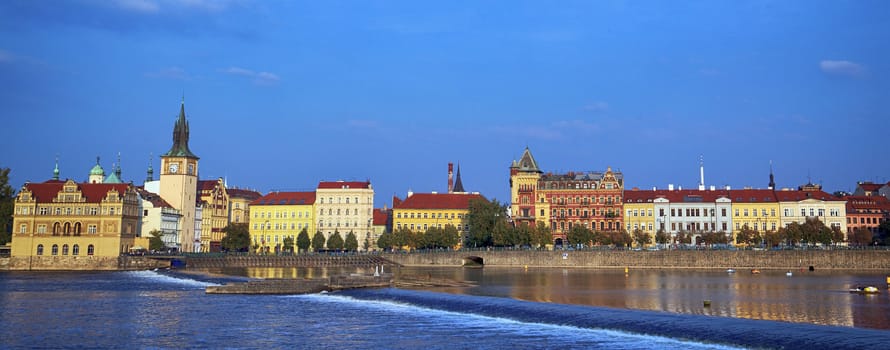 Panoramic view of monuments from the river in Prague. 