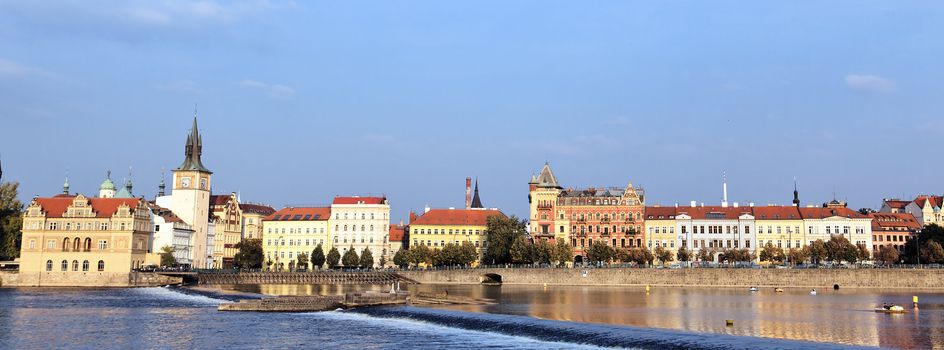 View of monuments from the river in Prague. 