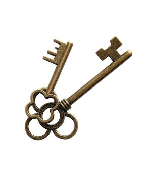 Pair of vintage keys isolated on white background. Clipping path is included