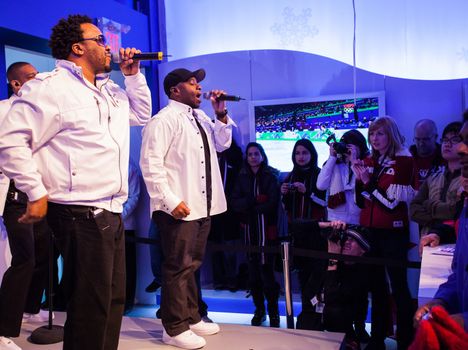 VANCOUVER, BC - FEBRUARY 2010 - Naturally 7 performs at the Bell Ice Cube during Vancouver's 2010 Olympic Games