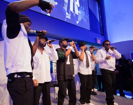 VANCOUVER, BC - FEBRUARY 2010 - Naturally 7 performs at the Bell Ice Cube during Vancouver's 2010 Olympic Games