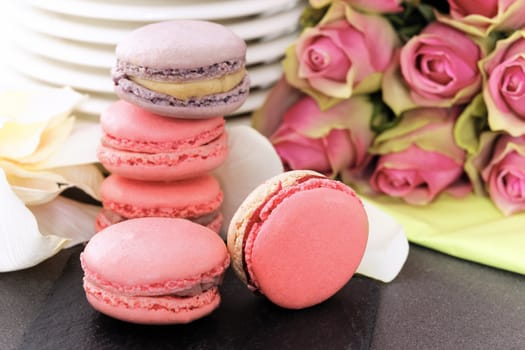 wedding dessert with macaroons, coffee and strawberry