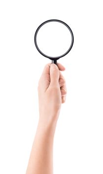 Hand holding a magnifying glass. Isolated on white background