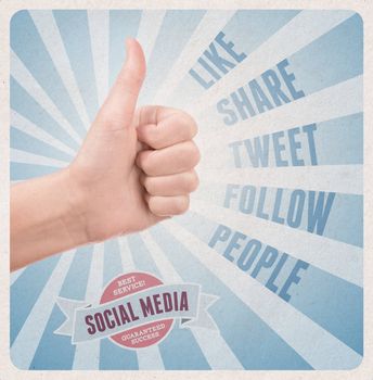 Retro style poster with hand showing thumb up gesture surrounded with keywords on social media theme