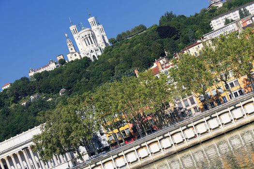 original view of Lyon and Saone River in France 