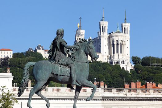 famous statue of Louis XIV and Basilique Fourviere, Lyon