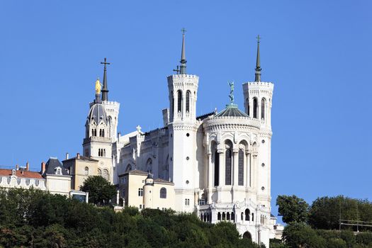 Lyon basilica in the big blue sky, France