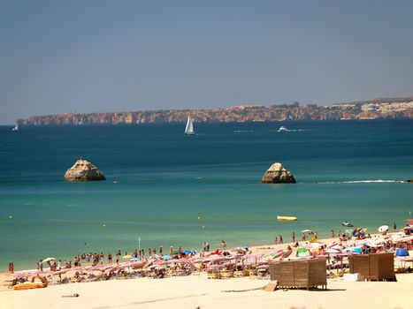 A section of the idyllic Praia de Rocha beach on the Algarve region. 