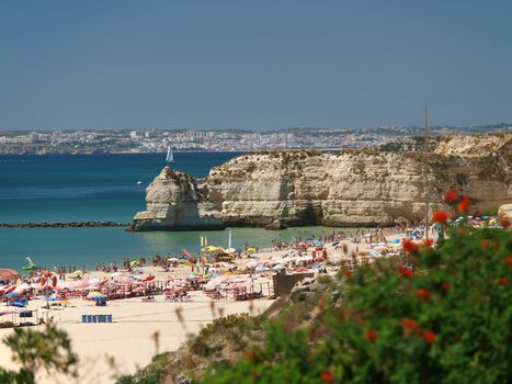 A section of the idyllic Praia de Rocha beach on the Algarve region. 