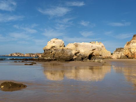 A section of the idyllic Praia de Rocha beach on the Algarve region. 