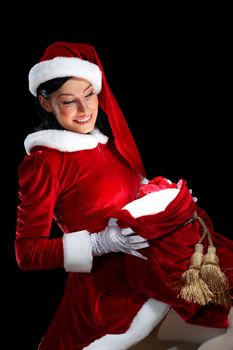 Santa Girl presenting your product, in costume and white gloves