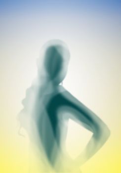 Image with a blurred female silhouette against colour background